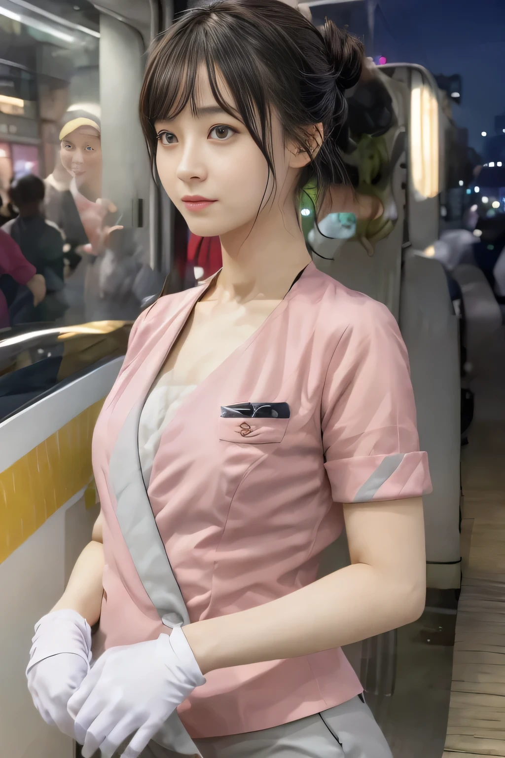 (masterpiece:1.2, highest quality:1.2), 32K HDR, High resolution, (alone、1 girl)、(On the rooftop of a building in the daytime、Professional Lighting)、Building rooftop background、(Nankai train crew uniform pinkを着たリアルスタイル)、(Nankai train crew uniform pink short sleeve pink jacket、Nankai Train Crew Uniform Pink Collarless Short Sleeve Blouse、Nankai Train Crew Uniform Pink Grey Knee-length Culottes)、Dark brown hair、(Hair tied up、Hair Bun、Hair Bun)、Dark brown hair、Long Shot、Big Breasts、Thin legs、((Great hands:2.0)),((Harmonious body proportions:1.5)),((Normal limbs:2.0)),((Normal finger:2.0)),((Delicate eyes:2.0)),((Normal eyes:2.0)))、smile、(Nankai Train Crew Uniform Pink Grey Knee-length Culottesを見せた美しい歩く姿)、Place your hands around your stomach、