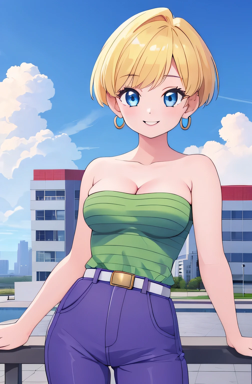 (Best Quality, Masterpiece:1.4), (Absurdres:1.2), 1 girl, Solo, erasa, blonde hair, blue eyes, earrings, green shirt, striped, strapless, cleavage, white belt, purple pants, small breasts, sky, clouds, high school building, smile, looking at viewer, cowboy shot, 