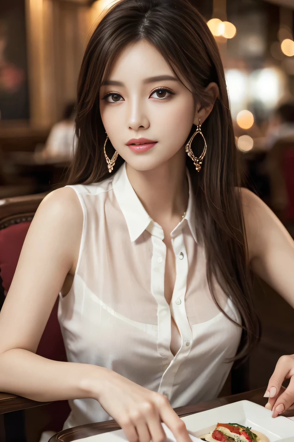masterpiece, highest quality, Realistic, Very detailed, Finer details, High resolution, 8k wallpaper, One beautiful woman, Wear an elegant see-through shirt, In a great restaurant, At night, Light brown messy hair, Perfect dynamic composition, Beautiful and beautiful eyes、Big earrings、Sitting in a chair、Sleeveless shirt、