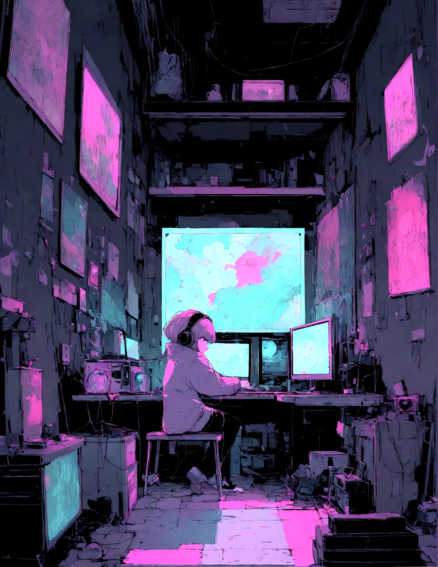 (zero), I am using my computer on the table in my room, Reading surfing the net, Put on your headphones, There are several Windows 98 computers on the table.、창문을 통한 Night Light, Night Light, Neon scenery on a rainy day,Analog Color Theme, Lo-fi Hip Hop , Side view, Recall, flat, 2.5D ,Line art, Ink drawing, Large slope, Aquarella Fighting, Goose color, Studio Ghibli style, Amazing colors, outcome, Synthesizer Wave, Lofi Art,90s Style,Ancient Texture, amplitude,90'Atmosphere of, Tabletop, Great skills, Ultra-high resolution, masterpiece, retina, Attention to detail, high quality, Super detailed, 16k, Awards, high quality, Attention to detail, Super detailed, Accurate