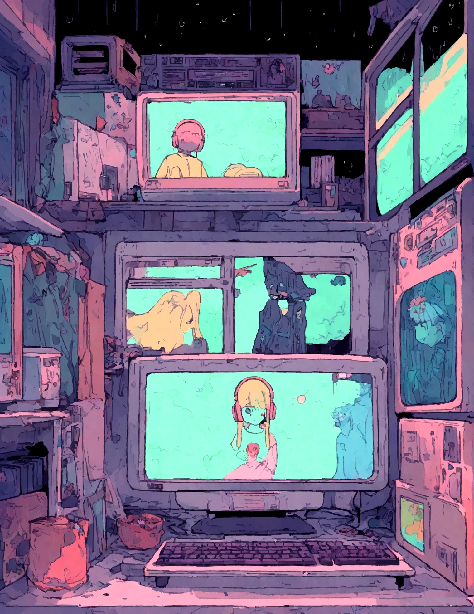 (zero), I am using my computer on the table in my room, Reading surfing the net, Put on your headphones, There are several Windows 98 computers on the table.、창문을 통한 Night Light, Night Light, Neon scenery on a rainy day,Analog Color Theme, Lo-fi Hip Hop , Side view, Recall, flat, 2.5D ,Line art, Ink drawing, Large slope, Aquarella Fighting, Goose color, Studio Ghibli style, Amazing colors, outcome, Synthesizer Wave, Lofi Art,90s Style,Ancient Texture, amplitude,90'Atmosphere of, Tabletop, Great skills, Ultra-high resolution, masterpiece, retina, Attention to detail, high quality, Super detailed, 16k, Awards, high quality, Attention to detail, Super detailed, Accurate