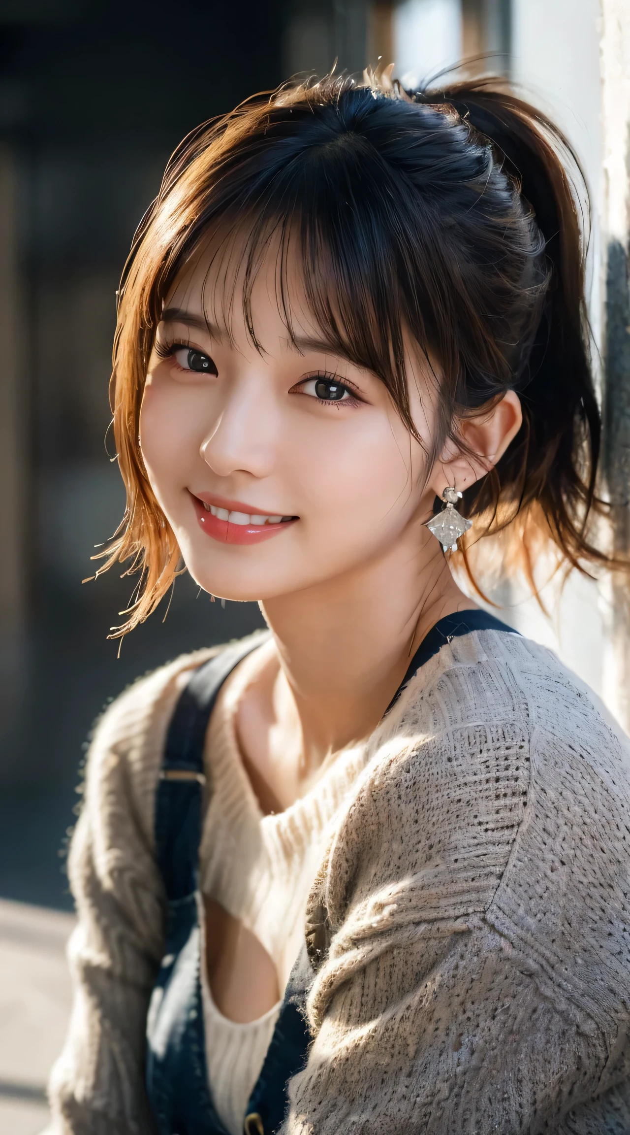 (highest quality, masterpiece:1.3, ultra high resolution), (Super detailed, caustics, 8k), (photorealistic:1.4, RAW shooting), 1 girl, (look at the camera with a smile), 20-year-old, cute, Japanese, gradient hair color, Wolf Bob Kat hairstyle, ponytail hairstyle, Natural lips, (Cropped sweater, ripped jeans), wearing earrings, cleavage, Modern Place Background, bust up shot, face focus, Natural light, Backlight, (A bright light shines from above), (Lens flare), professional writing, perfect bodies, perfect arms, Perfect fingers, perfect legs, perfect hair, pores, Realistic skin texture, perfect teeth, (low position), (Low - Angle)