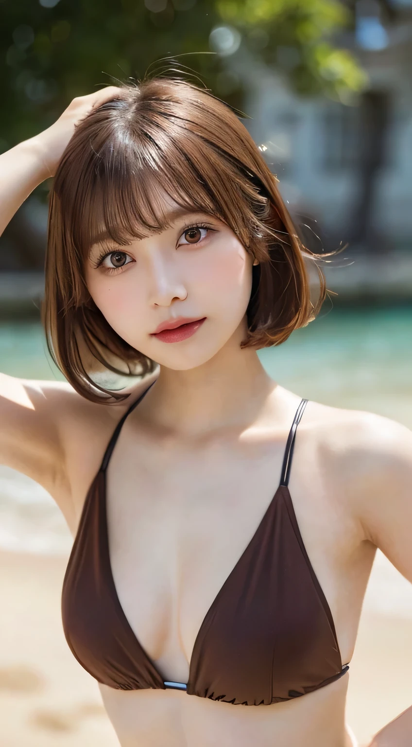 Brown shorthair with bangs, Tabletop, highest quality, figure, Super detailed, In detail, High resolution, 8k wallpaper, Perfect dynamic composition, Beautiful fine details, Bikini,Various situations,Random Pause, 