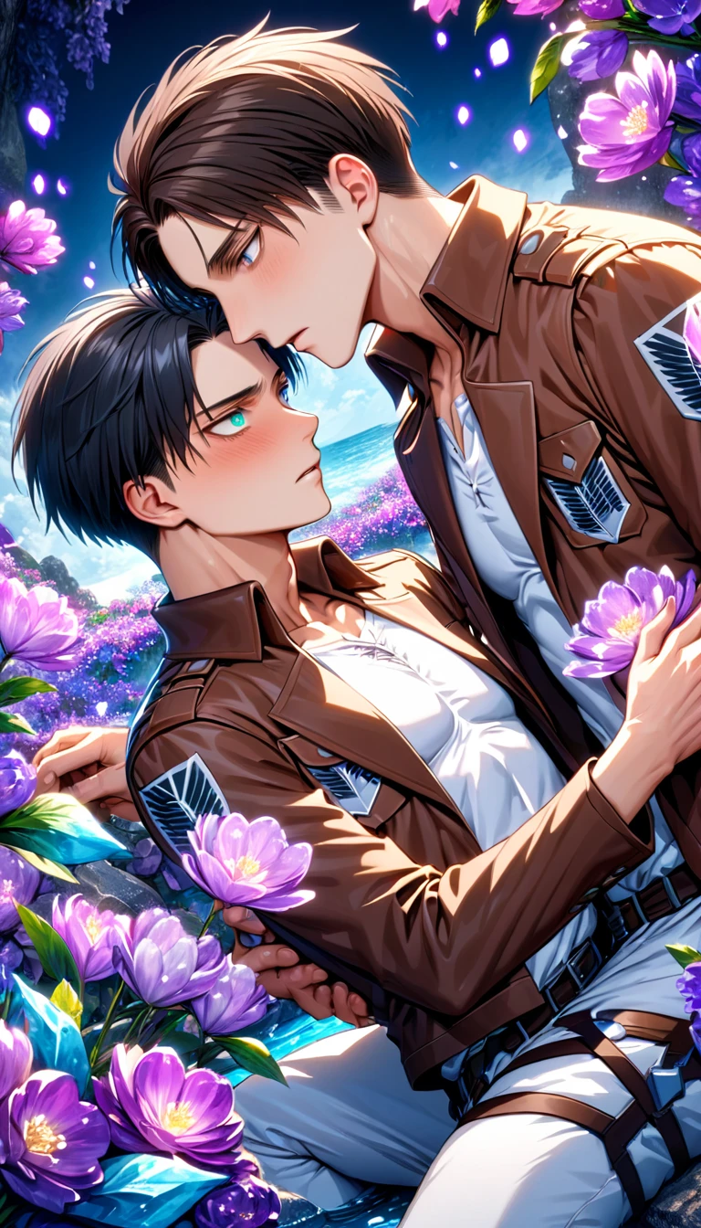 Ultra detailed, Highres, absurdres, HDR, master piece, Eren Jeager, brown hair, expressive turquoise eyes, Levi Ackerman, black hair, expressive silver eyes, Shingeki No Kyojin, two sexy man together, gay couple, love, extremely detailed eyes and face, water, purple flowers, purple fireflies, petals, fantasy, magic, best quality, sexy, toned chest, brown jacket, white shirt, handsome, yaoi, white pants