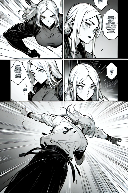 Girl with long white hair brutal bloody fight, manga page with panels and dialogue 