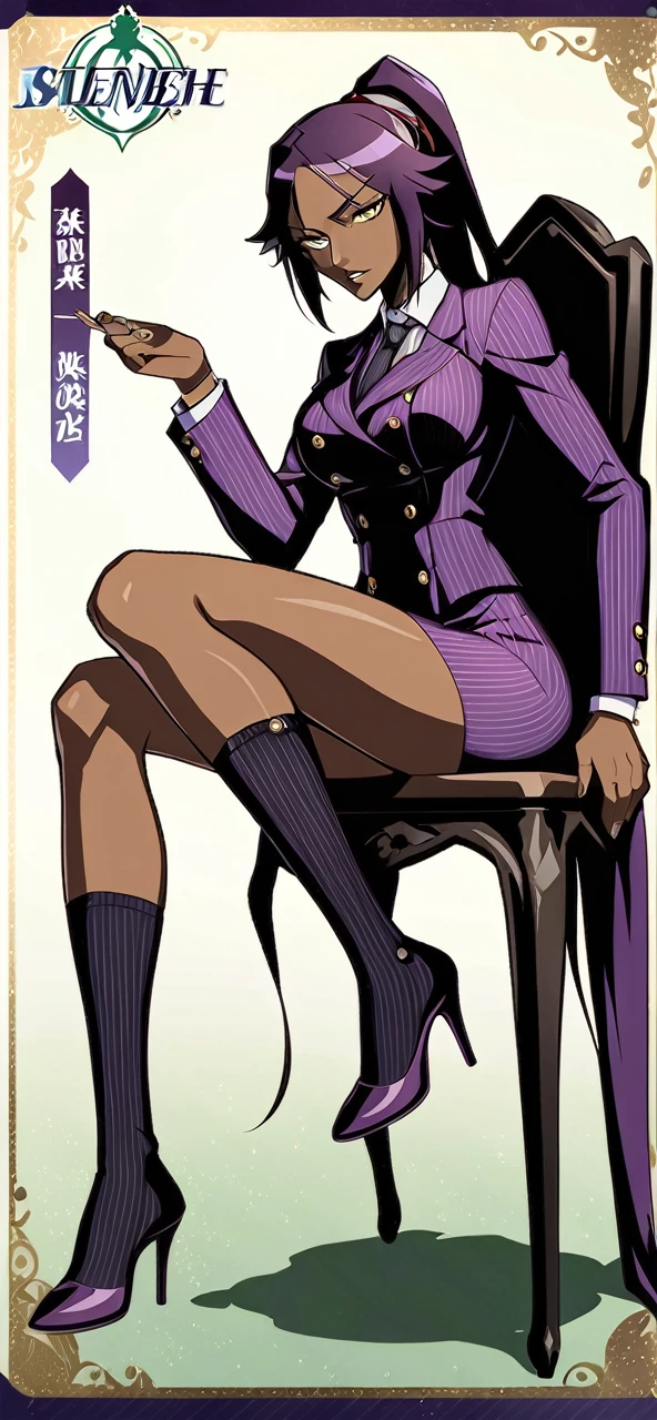  Full body Yoruichi as a thin Black business woman in a double breasted pinstripe purple  skirt suit while wearing a tie with a very long purple pinstripe skirt that covers the legs and with long black knee socks full art and make her sit down also give her thin legs and purple heels