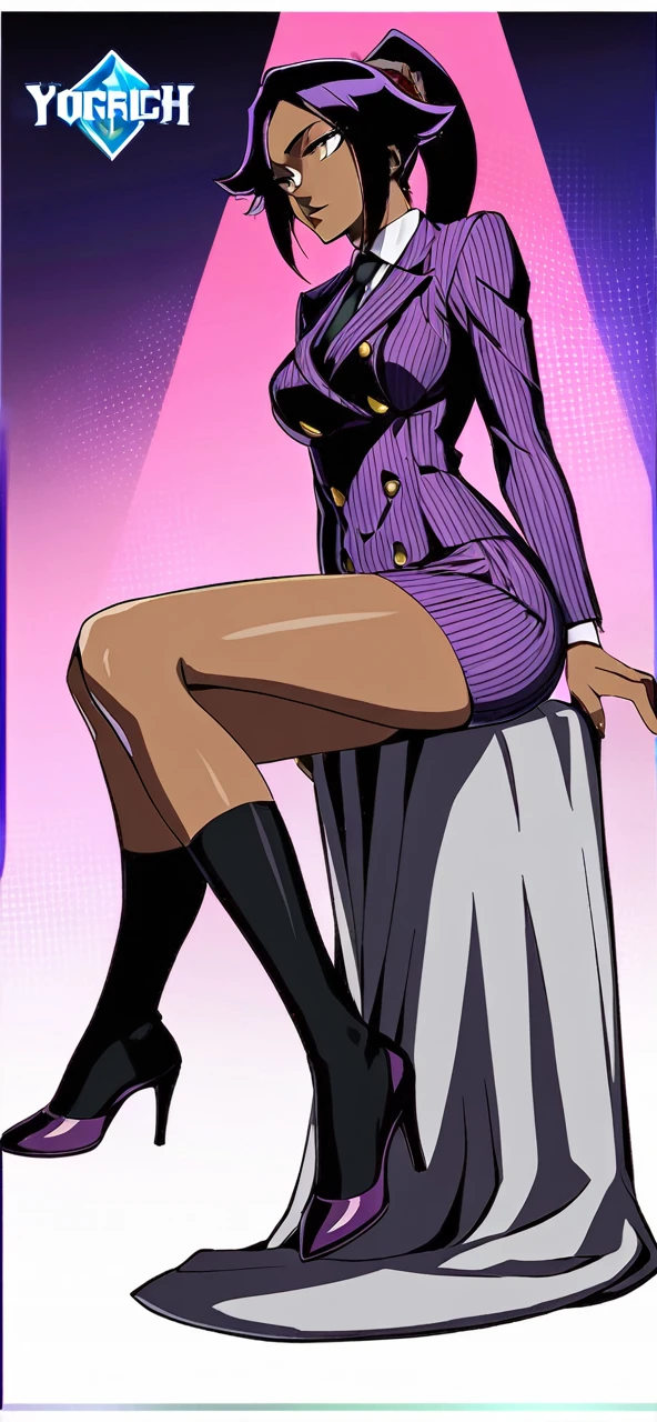  Full body Yoruichi as a thin Black business woman in a double breasted pinstripe purple  skirt suit while wearing a tie with a very long purple pinstripe skirt that covers the legs and with long black knee socks full art and make her sit down also give her thin legs and purple heels