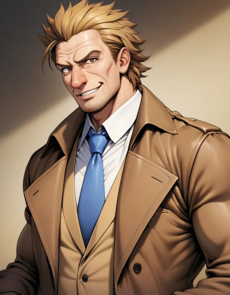 1man, mature detective, middle muscular, big nose, wavy slicked back spiked hair, yellow brown hair, shihaku, brown eyes, dandy, virile, stubble, square shaped, large eyes, ordinaly, pretty uncle, solo, upperlegs, white collared shirt, blue necktie, trench coat, dark wornout suit, smile cutely, standing, in eroge style, 2000s, extreme all detailed, masterpiece, best quality