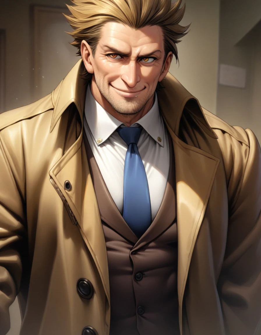 1man, mature detective, middle muscular, big nose, wavy slicked back spiked hair, yellow brown hair, shihaku, brown eyes, dandy, virile, stubble, square shaped, large eyes, ordinaly, pretty uncle, solo, upperlegs, white collared shirt, blue necktie, trench coat, dark wornout suit, smile cutely, standing, in eroge style, 2000s, extreme all detailed, masterpiece, best quality