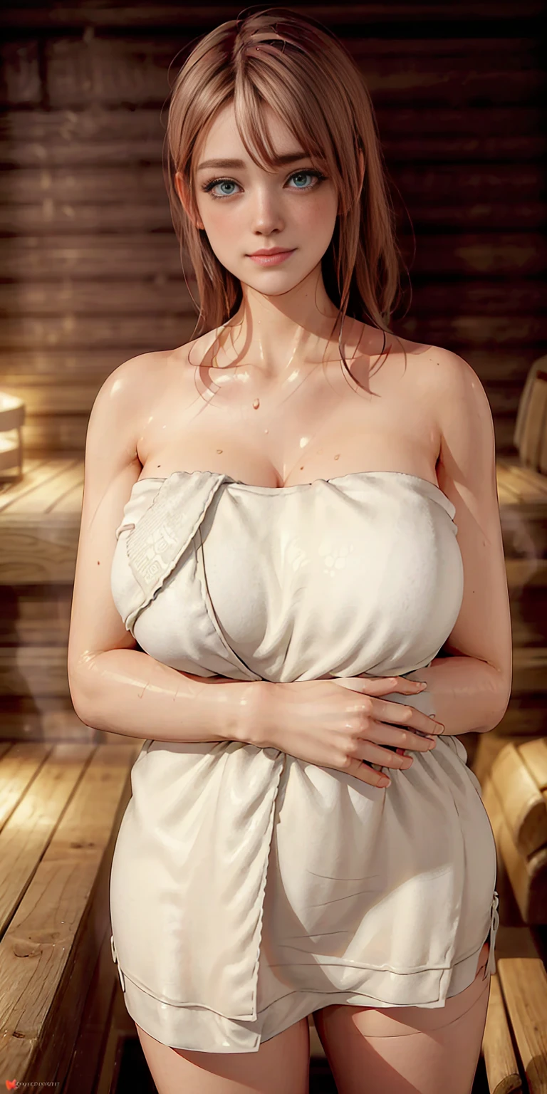 1girl, solo, standing (wearing towel, inside_sauna:1.3) (sweat) oiled, gleaming skin, shiny skin, juice BREAK (masterpiece) (specular lighting:1.3) (hyperrealistic:1.2) (photorealistic face:1.2) (perfect face) (perfect eyes) (best quality) (8k) (4k) sharp focus, octane render, best quality, extremely detailed, intricate, fantasy, soft lighting (gigantic hanging breasts) (skindentation:1.3) (chubby:1.2) (voluptuous:1.2) thick eyelashes, long eyelashes, smile, blush, oil