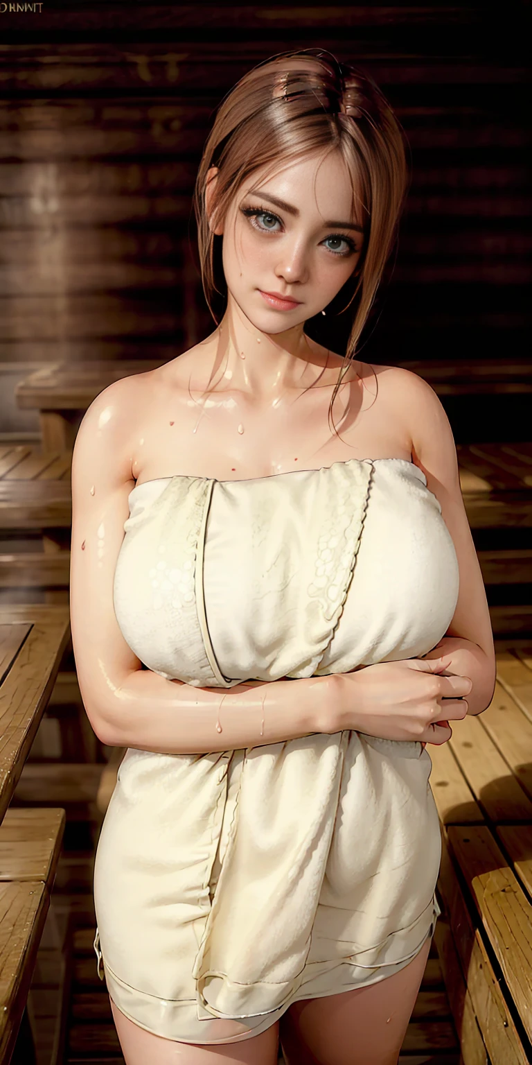 1girl, solo, standing (wearing towel, inside_sauna:1.3) (sweat) oiled, gleaming skin, shiny skin, juice BREAK (masterpiece) (specular lighting:1.3) (hyperrealistic:1.2) (photorealistic face:1.2) (perfect face) (perfect eyes) (best quality) (8k) (4k) sharp focus, octane render, best quality, extremely detailed, intricate, fantasy, soft lighting (gigantic hanging breasts) (skindentation:1.3) (chubby:1.2) (voluptuous:1.2) thick eyelashes, long eyelashes, smile, blush, oil