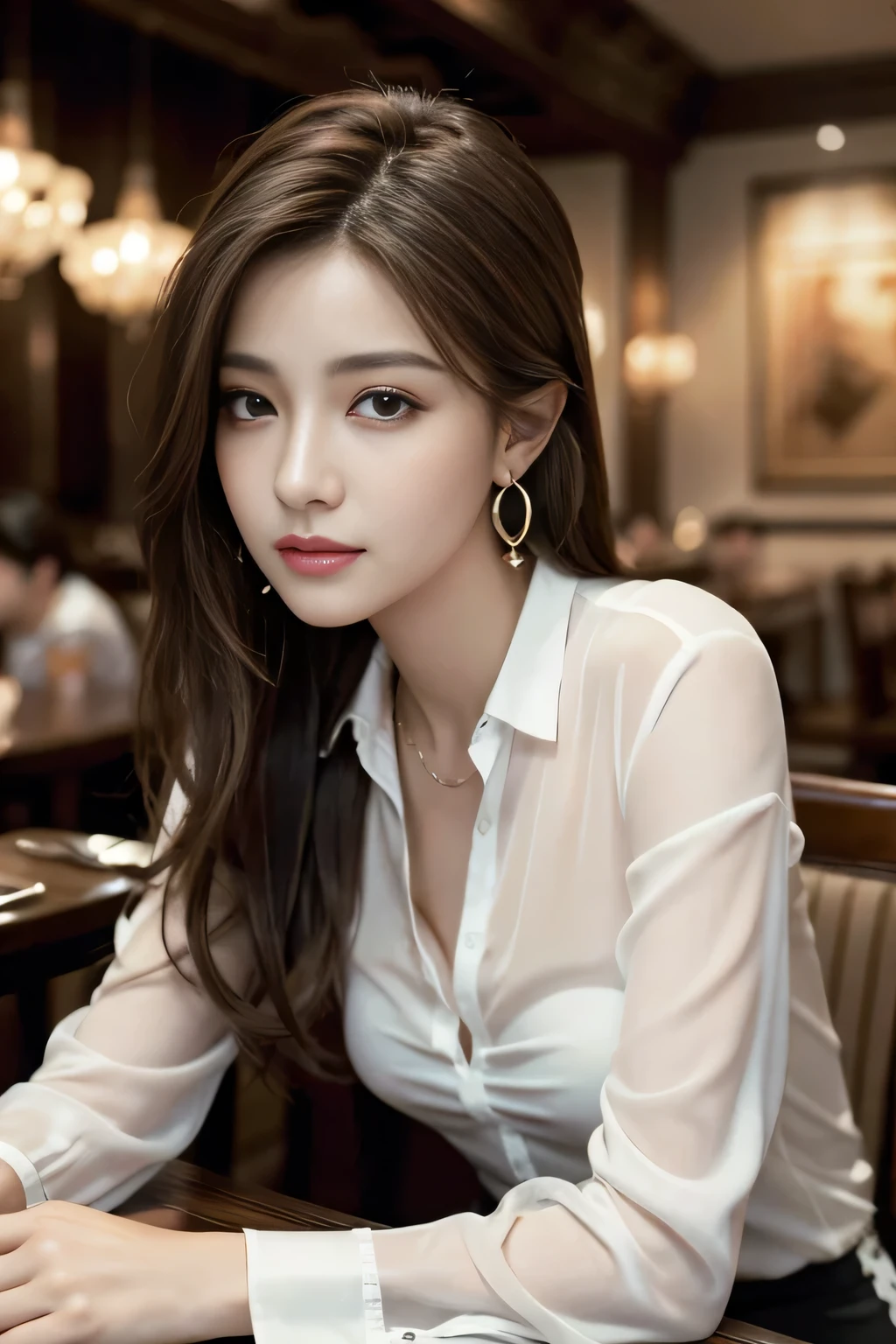 masterpiece, highest quality, Realistic, Very detailed, Finer details, High resolution, 8k wallpaper, One beautiful woman, Wear an elegant see-through shirt, In a great restaurant, At night, Light brown messy hair, Perfect dynamic composition, Beautiful and beautiful eyes、Big earrings、Sitting in a chair、