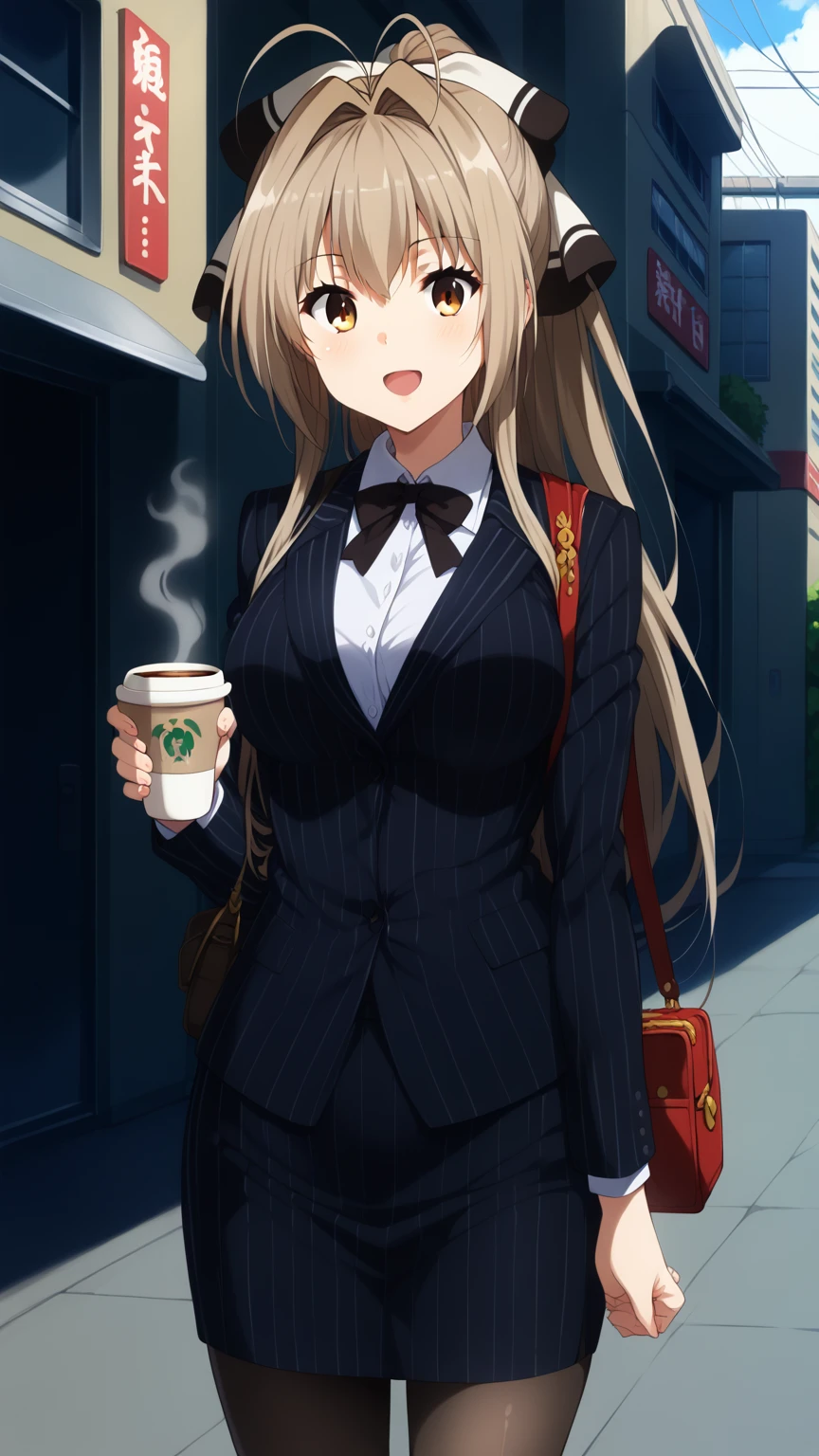 score_9, score_8_up, score_7_up, source_anime, aaisuzu, solo, long hair, antenna hair, ponytail, hair bow, breasts, collared shirt, black jacket, pinstripe suit, pinstripe pattern, pantyhose, vertical-striped skirt, standing, cowboy shot, holding cup, coffee, street, smile, open mouth, shoulder bag,