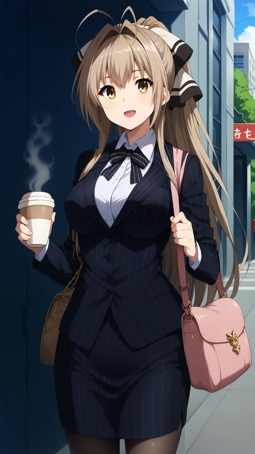 score_9, score_8_up, score_7_up, source_anime, aaisuzu, solo, long hair, antenna hair, ponytail, hair bow, breasts, collared shirt, black jacket, pinstripe suit, pinstripe pattern, pantyhose, vertical-striped skirt, standing, cowboy shot, holding cup, coffee, street, smile, open mouth, shoulder bag,