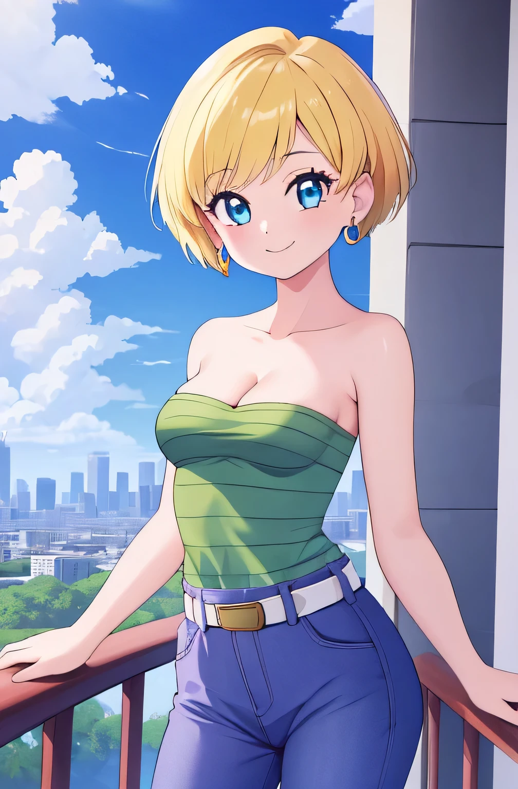 (Best Quality, Masterpiece:1.4), (Absurdres:1.2), 1 girl, Solo, erasa, blonde hair, blue eyes, earrings, green shirt, striped, strapless, cleavage, white belt, purple pants, small breasts, sky, clouds, high school building, smile, looking at viewer, cowboy shot, 