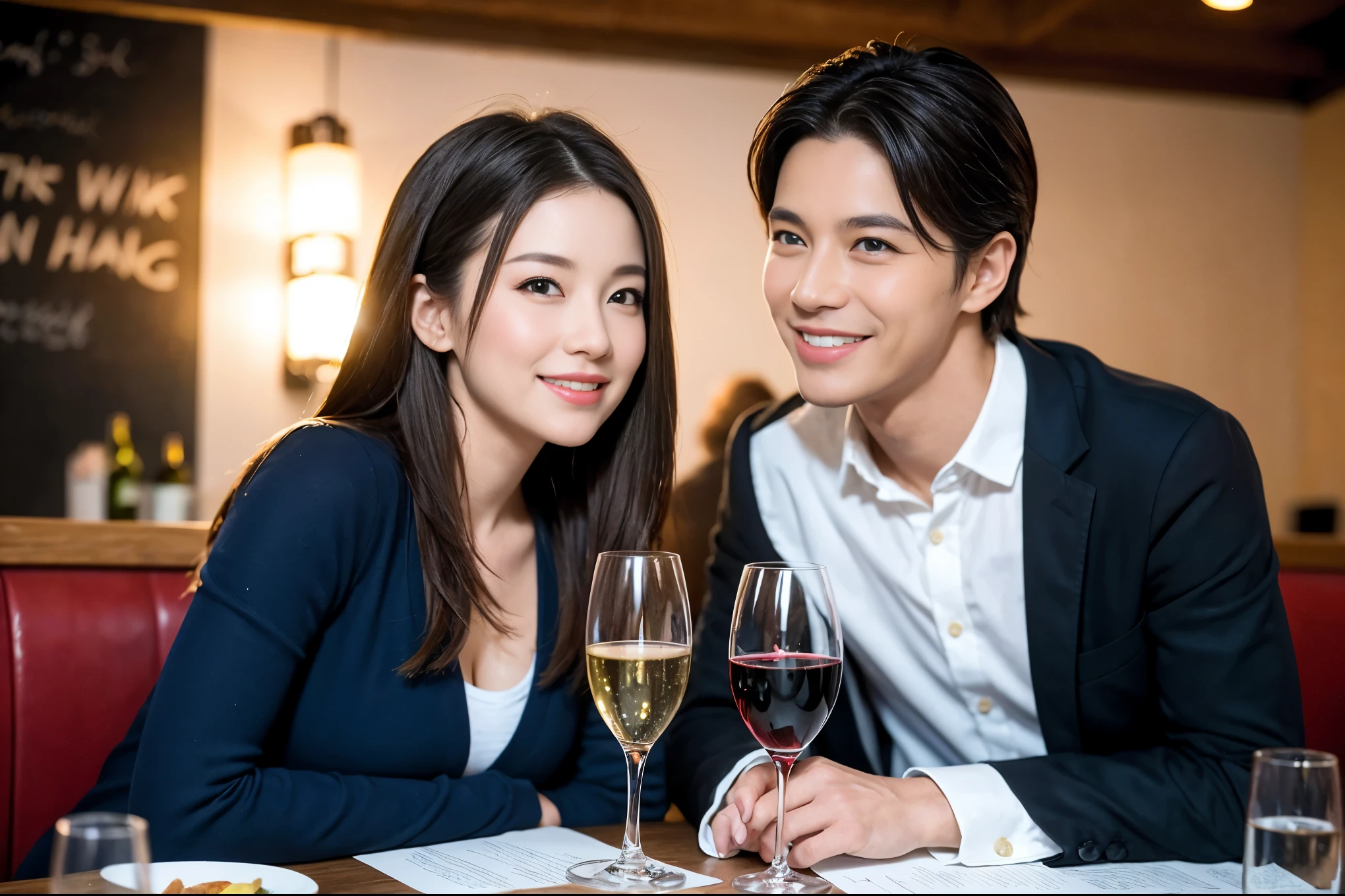 ((highest quality、8k、masterpiece:1.3))、1 male、1 female、石原さとみ似美女Couple、Spouse、Couple、The body is slim、((Bob Hale、Straight hair:1.2)), (Realistic, Intricate details:1.2), テーブルの上のwine glass、Shine light on your face、 Amazing view of the sunset sky and clouds、Amazing mountain views、A bright smile、The wonderfulness of smile、Bright image、The beauty of wine, Beautiful Face, blue eyes, The light shines on your face, Blushing, short hair,Bright Face、 (Age 37), "41 years old, red wine 、Appetizers、Italian food、Wine bottle、Champagne、sparkling wine、Two beauties、Brown Hair、Shortcuts、Long sleeve shirt、dress、Pretty Woman 1, (slimな顔), (The body is slim), (Brown Hair), (Shortcuts), cheeks turn a little red,Attractive beauty、restaurant, In a prominent place (From the waist up) Nova Frog Style, actress, model, Upper Body, White wine, slim, wine glass, 中央に置かれたwine glass, smile, (smile: 1.15), Beautiful fine grain, Depth f/2,saturation, High Contrast, Strong light and shadow,Moist Body:1.5、3D texture、Delicate eyes、Brown Hair、The hair is very shiny、