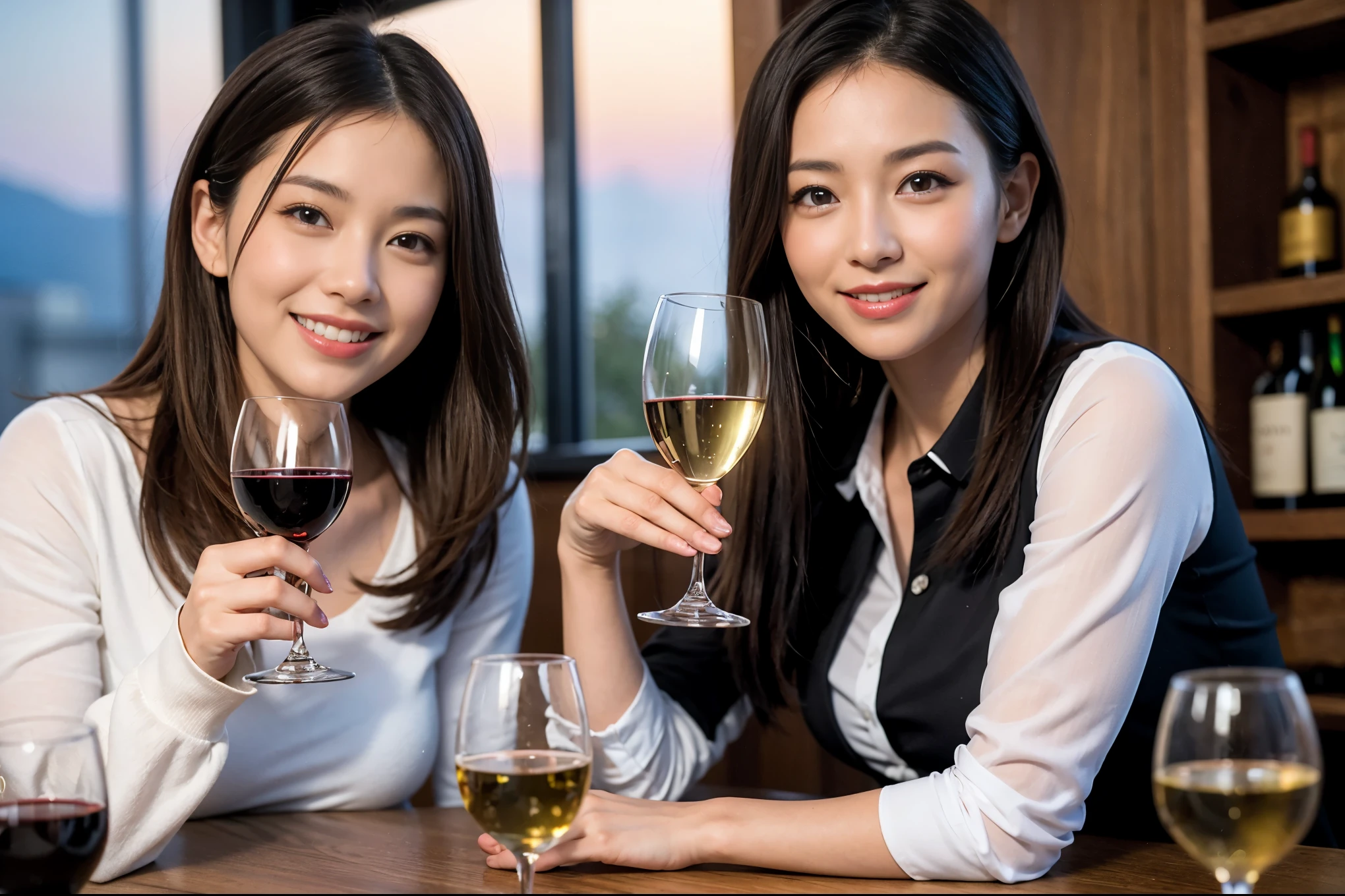 ((highest quality、8k、masterpiece:1.3))、1 male、1 female、石原さとみ似美女Couple、Spouse、Couple、The body is slim、((Bob Hale、Straight hair:1.2)), (Realistic, Intricate details:1.2), テーブルの上のwine glass、Shine light on your face、 Amazing view of the sunset sky and clouds、Amazing mountain views、A bright smile、The wonderfulness of smile、Bright image、The beauty of wine, Beautiful Face, blue eyes, The light shines on your face, Blushing, short hair,Bright Face、 (Age 37), "41 years old, red wine 、Appetizers、Italian food、Wine bottle、Champagne、sparkling wine、Two beauties、Brown Hair、Shortcuts、Long sleeve shirt、dress、Pretty Woman 1, (slimな顔), (The body is slim), (Brown Hair), (Shortcuts), cheeks turn a little red,Attractive beauty、restaurant, In a prominent place (From the waist up) Nova Frog Style, actress, model, Upper Body, White wine, slim, wine glass, 中央に置かれたwine glass, smile, (smile: 1.15), Beautiful fine grain, Depth f/2,saturation, High Contrast, Strong light and shadow,Moist Body:1.5、3D texture、Delicate eyes、Brown Hair、The hair is very shiny、