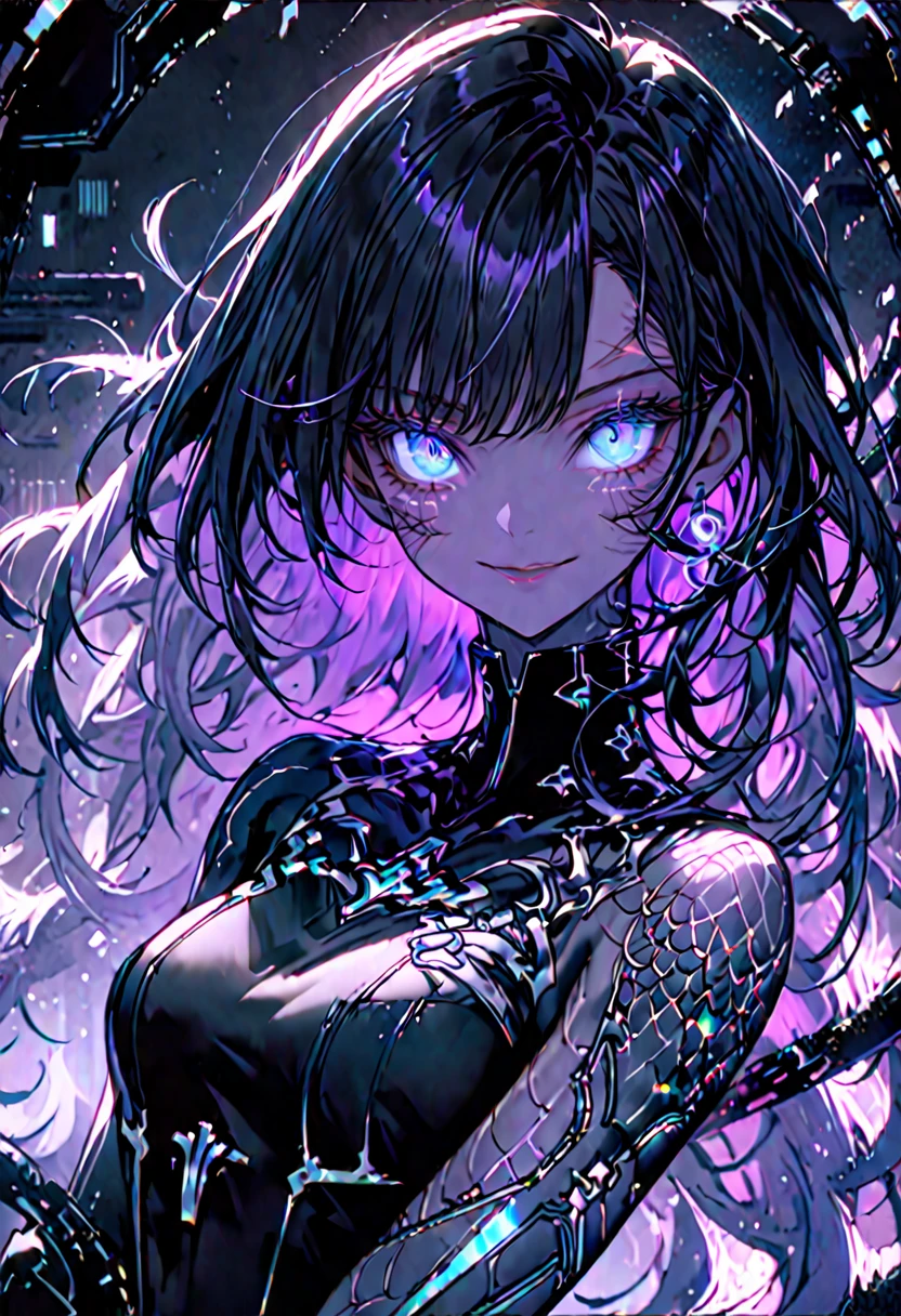 solo, female, smile, laboratory, iridescent glowing skin, opalescent skin, long and thick hair, jet-black hair, indigo eyes, swirling eyes, (intricate lattice-like scars on arms, torso, and neck), stronger and harder nails, medium shot, futuristic