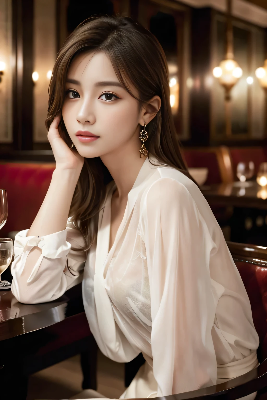 masterpiece, highest quality, Realistic, Very detailed, Finer details, High resolution, 8k wallpaper, One beautiful woman, Wear an elegant see-through shirt, In a great restaurant, At night, Light brown messy hair, Perfect dynamic composition, Beautiful and beautiful eyes、Big earrings、Sitting in a chair、