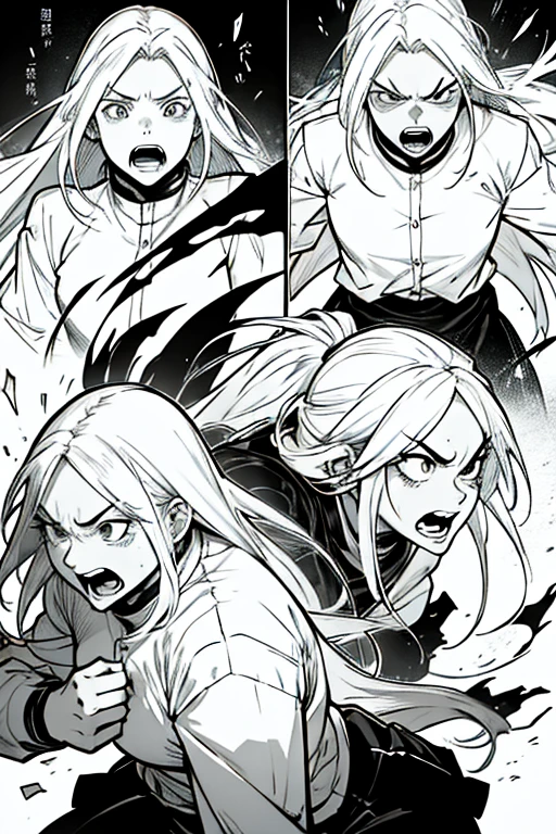 Girl with long white hair extremely angry and screaming, intense fighting scene and expressions, manga page with panels and dialogue