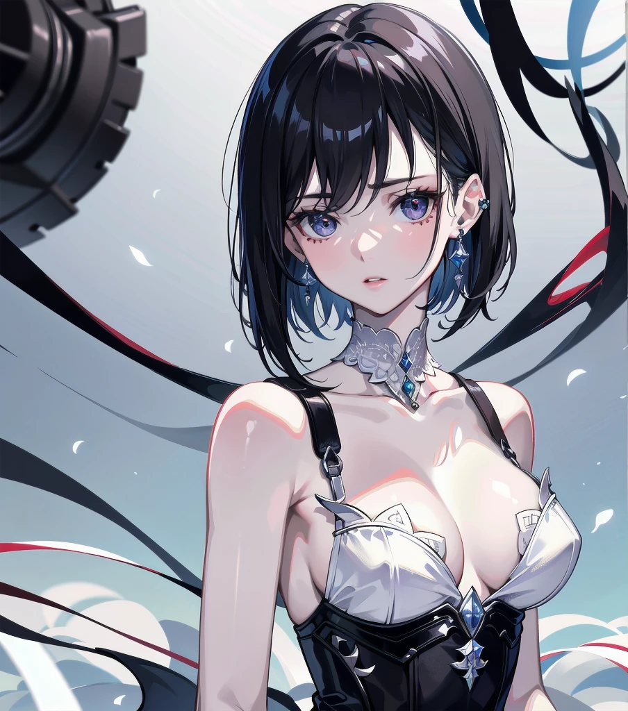absurdres, RAW photo, extremely delicate, extremely beautiful, masterpiece, Best Quality, ultra high resolution, 32k, hyperrealistic, ultra-detailed description, perfect anatomy, pale skin, 20 years old, detailed beautiful face, detailed beautiful face eyes, tearful mole, earring, short medium hair, black hair, Colossal tits, full body,