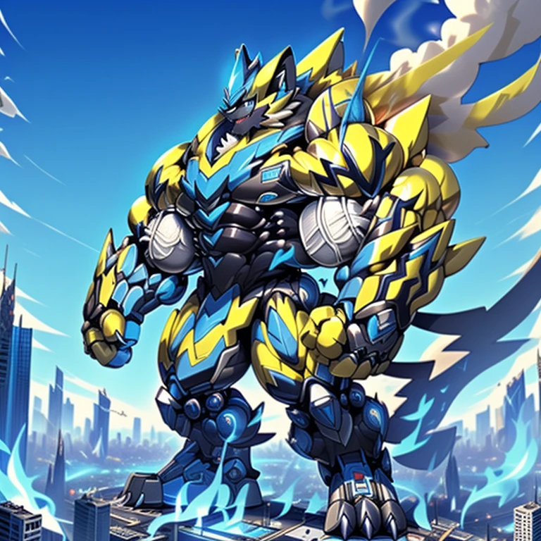 (dominating zeraora. Zeraora is over 1000 meters long. giant mechanical Muscular Zeraora is trampling the city. Looking down. macro. stomp) 
(smoke and flames rising from the destruction in the city)

Additional details 1: (masterpiece. official art. 8k. best quality) (high-tech bio-mecha armor. real texture material. whole body shines like metal. Wearing cyberpunk mecha. emphasizes the muscles. suit fully made of metal. intricate armor. Robotic suit. suit fully made of metal. cyborg. Powered exoskeleton with the same design as Zeraora). 

Additional details 2: (gigantic muscles. HYPER MUSCLES. Gigachad Muscular. big muscle. pecs. triceps. traps. unusually developed muscular body. body full of huge muscles. showing off muscles. pectorales enormes. Exaggeratedly huge muscles.). 