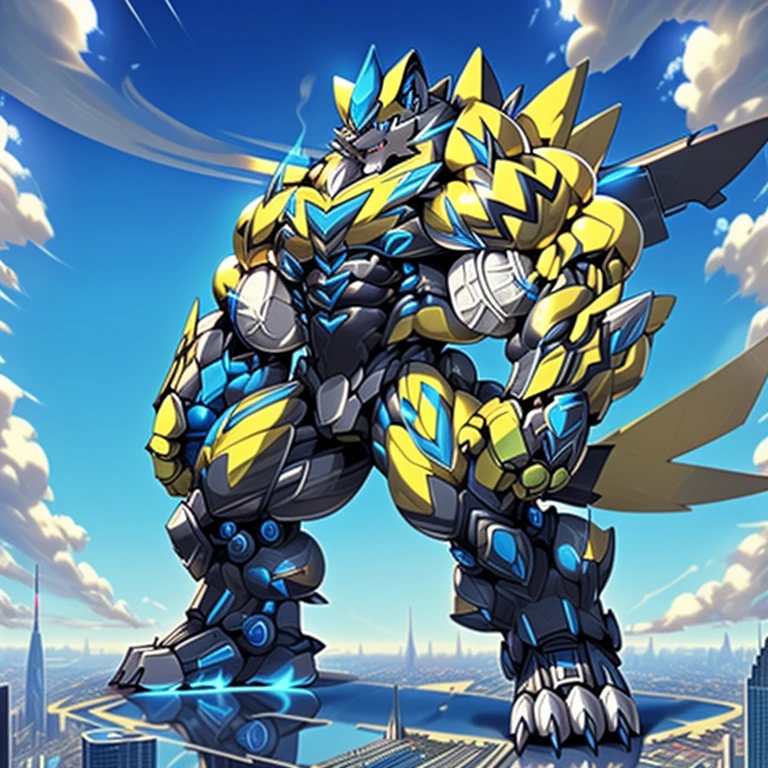 (dominating zeraora. Zeraora is over 1000 meters long. giant mechanical Muscular Zeraora is trampling the city. Looking down. macro. stomp) 
(smoke and flames rising from the destruction in the city)

Additional details 1: (masterpiece. official art. 8k. best quality) (high-tech bio-mecha armor. real texture material. whole body shines like metal. Wearing cyberpunk mecha. emphasizes the muscles. suit fully made of metal. intricate armor. Robotic suit. suit fully made of metal. cyborg. Powered exoskeleton with the same design as Zeraora). 

Additional details 2: (gigantic muscles. HYPER MUSCLES. Gigachad Muscular. big muscle. pecs. triceps. traps. unusually developed muscular body. body full of huge muscles. showing off muscles. pectorales enormes. Exaggeratedly huge muscles.). 