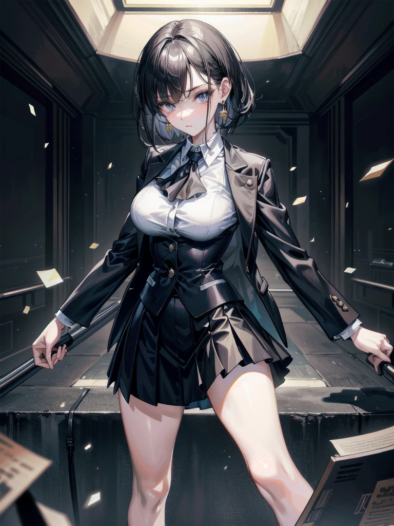 full body, business suit, blazer, blouse, short skirt, absurdres, RAW photo, extremely delicate, extremely beautiful, masterpiece, Best Quality, ultra high resolution, 32k, hyperrealistic, ultra-detailed description, perfect anatomy, pale skin, 20 years old, detailed beautiful face, detailed beautiful face eyes, tearful mole, earring, short medium hair, black hair, Colossal tits,