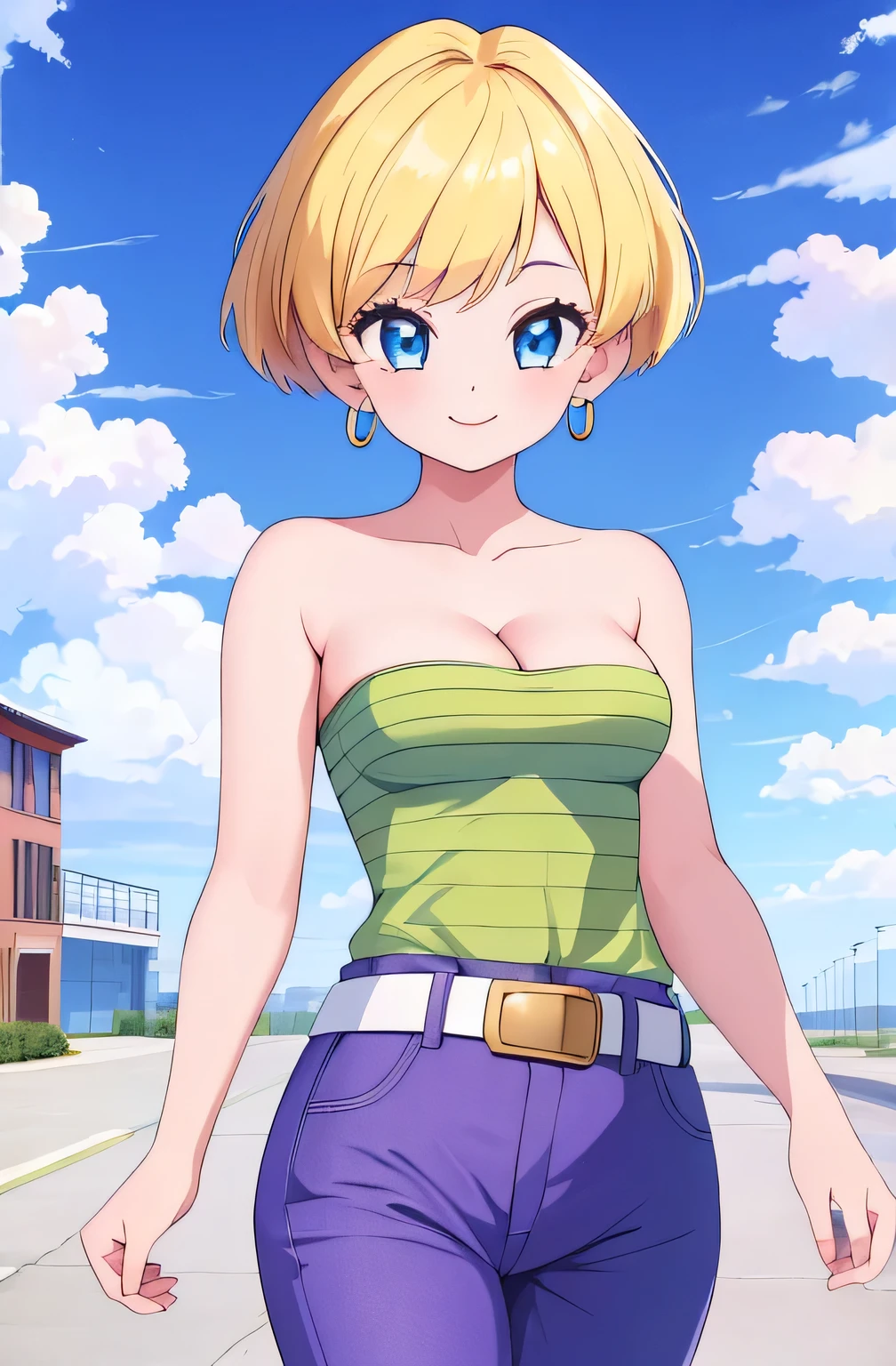 (Best Quality, Masterpiece:1.4), (Absurdres:1.2), 1 girl, Solo, erasa, blonde hair, blue eyes, earrings, green shirt, striped, strapless, cleavage, white belt, purple pants, small breasts, sky, clouds, high school building, smile, looking at viewer, cowboy shot,