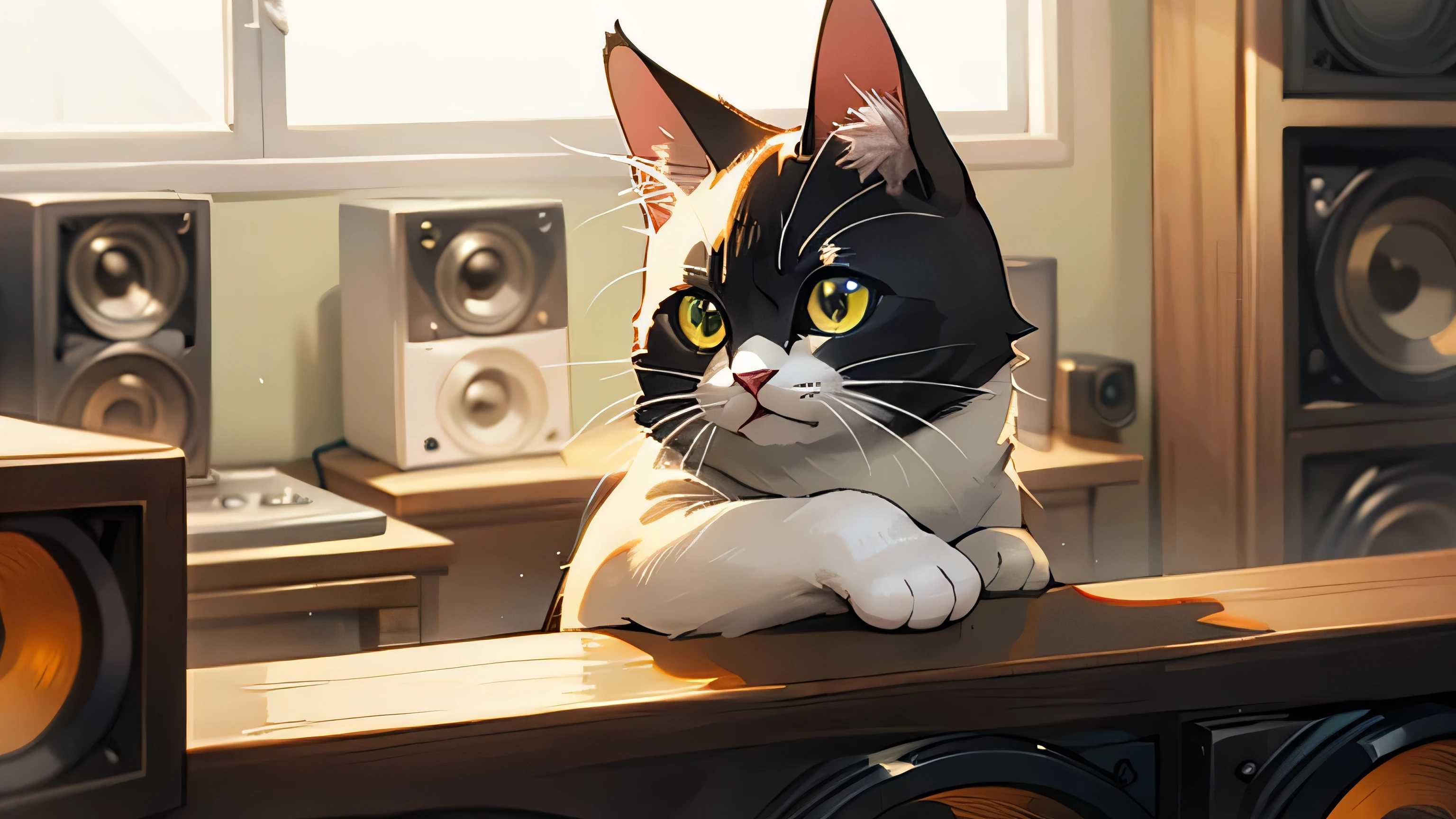 Room with speakers、Cute Cat、Upper body close-up、