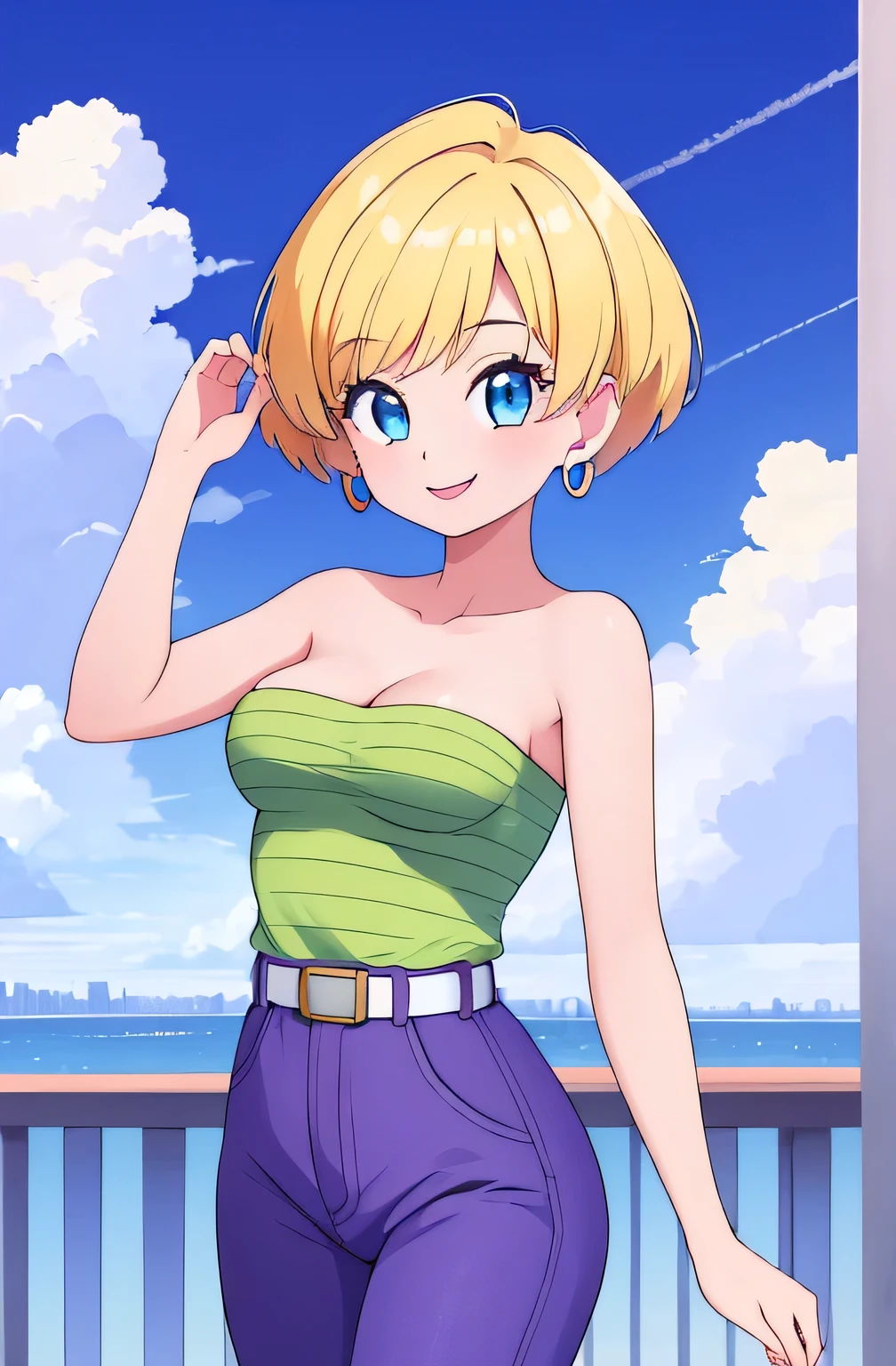 (Best Quality, Masterpiece:1.4), (Absurdres:1.2), 1 girl, Solo, erasa, blonde hair, blue eyes, earrings, green shirt, striped, strapless, cleavage, white belt, purple pants, small breasts, sky, clouds, high school building, smile, looking at viewer, cowboy shot,