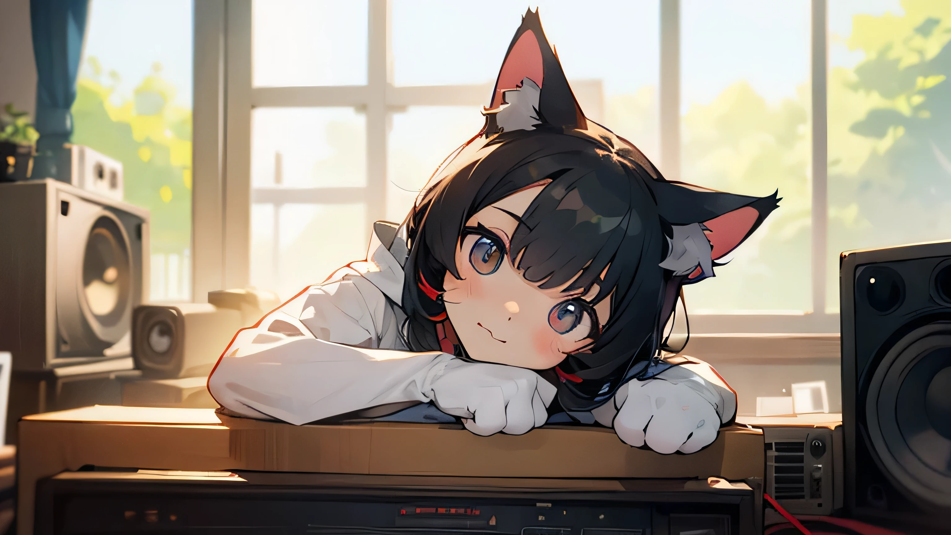 Room with speakers、Cute Cat、Upper body close-up、