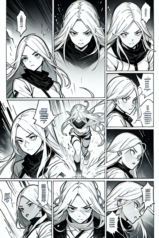 Girl with long white hair extremely angry, intense fighting scene and expressions, manga page with panels and dialogue