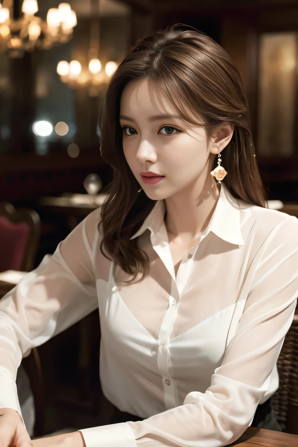 masterpiece, highest quality, Realistic, Very detailed, Finer details, High resolution, 8k wallpaper, One beautiful woman, Wear an elegant see-through shirt, In a great restaurant, At night, Light brown messy hair, Perfect dynamic composition, Beautiful and beautiful eyes、Big earrings、Sitting in a chair、