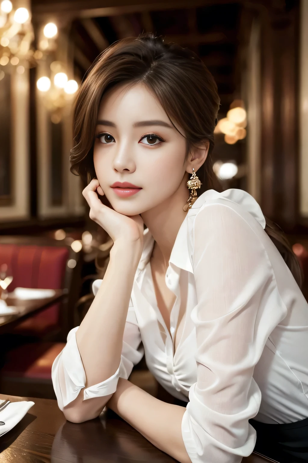masterpiece, highest quality, Realistic, Very detailed, Finer details, High resolution, 8k wallpaper, One beautiful woman, Wear an elegant see-through shirt, In a great restaurant, At night, Light brown messy hair, Perfect dynamic composition, Beautiful and beautiful eyes、Big earrings、Sitting in a chair、