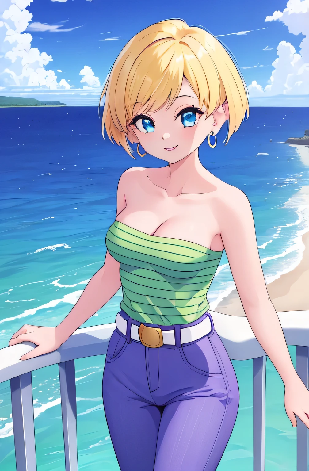 (Best Quality, Masterpiece:1.4), (Absurdres:1.2), 1 girl, Solo, erasa, blonde hair, blue eyes, earrings, green shirt, striped, strapless, cleavage, white belt, purple pants, small breasts, sky, clouds, ocean, smile, looking at viewer, cowboy shot, railing