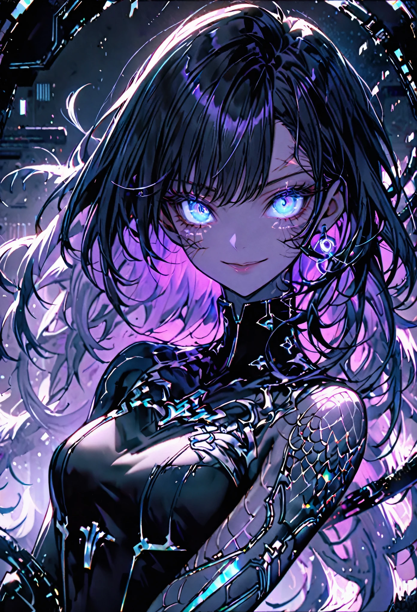 solo, female, smile, laboratory, iridescent glowing skin, opalescent skin, long and thick hair, jet-black hair, indigo eyes, swirling eyes, (intricate lattice-like scars on arms, torso, and neck), stronger and harder nails, medium shot, futuristic