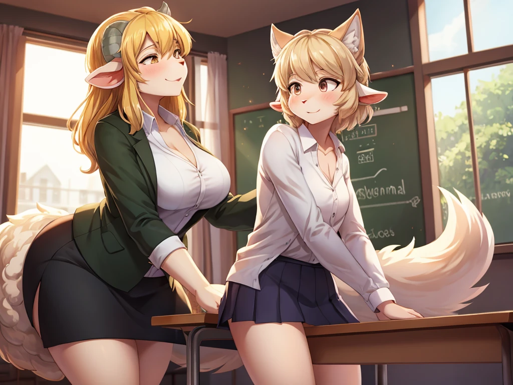 Hallucination, daydream , Fear , Fantastic , bokeh , hairy fur , tight fit skirt , white blouse , (mature wolf woman teacher) and (Fluffy Sheep boy student:1.3) , blondy , (flat chest) , Seducer , Show secretly , school , Base of the tail , see-through , Maternal love , I can not stand it any longer