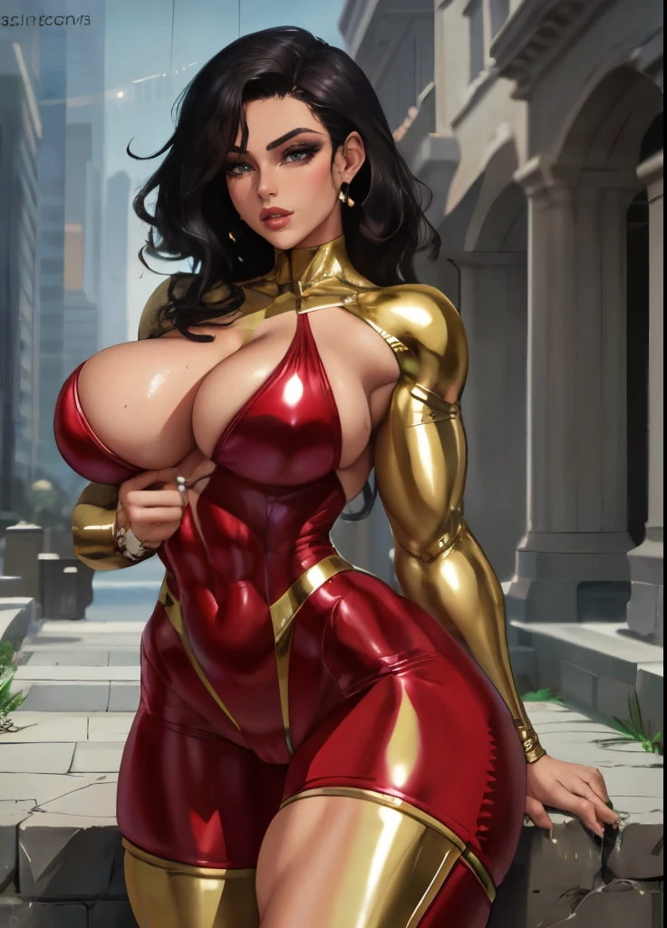 1girl, gorgeous, muscular, thick thighs, mature female, abs, wide hips, (masterpiece, high quality:1.1) ,shiny skin, soft, smooth skin, breast indentation, tight suit, busty, curvy, fit, toned, camel toe, lipstick, thick lips, make-up, highly detailed, kawaii, wet and shiny,