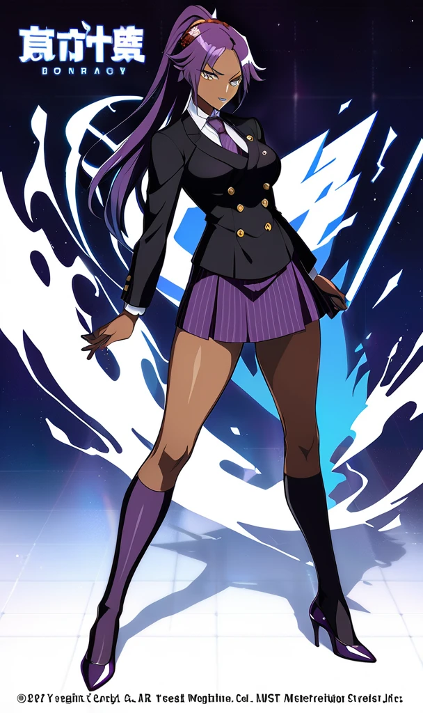  Full body Yoruichi as a thin Black business woman in a double breasted pinstripe purple  skirt suit while wearing a tie with a knee long purple pinstripe skirt and with purple knee socks with purple heels full art 