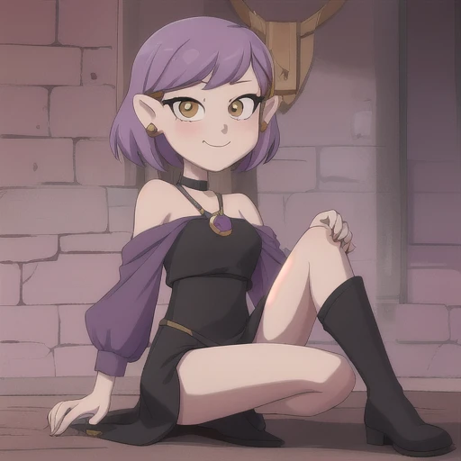 high quality image of amity blight full body, dress, high resolution, high detail, black fingernails, purple hair, smiling, coy smile, yellow eyes,  close up, kawaii, cute, crossed legs, bikini 