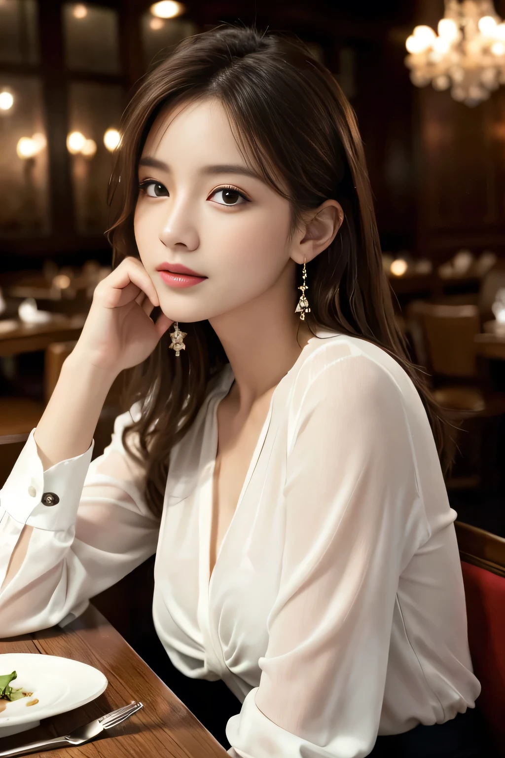 masterpiece, highest quality, Realistic, Very detailed, Finer details, High resolution, 8k wallpaper, One beautiful woman, Wear an elegant see-through shirt, In a great restaurant, At night, Light brown messy hair, Perfect dynamic composition, Beautiful and beautiful eyes、Big earrings、Sitting in a chair、