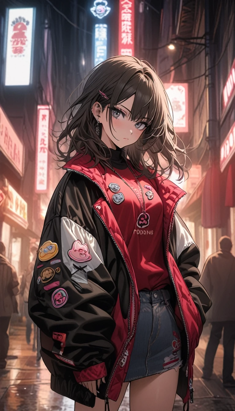 A beautiful and fashionable girl,Wear stylish clothes with LOGO logo,The clothes are very trendy,The clothes are covered with various pudding dog badges and totems,Aesthetics of violence