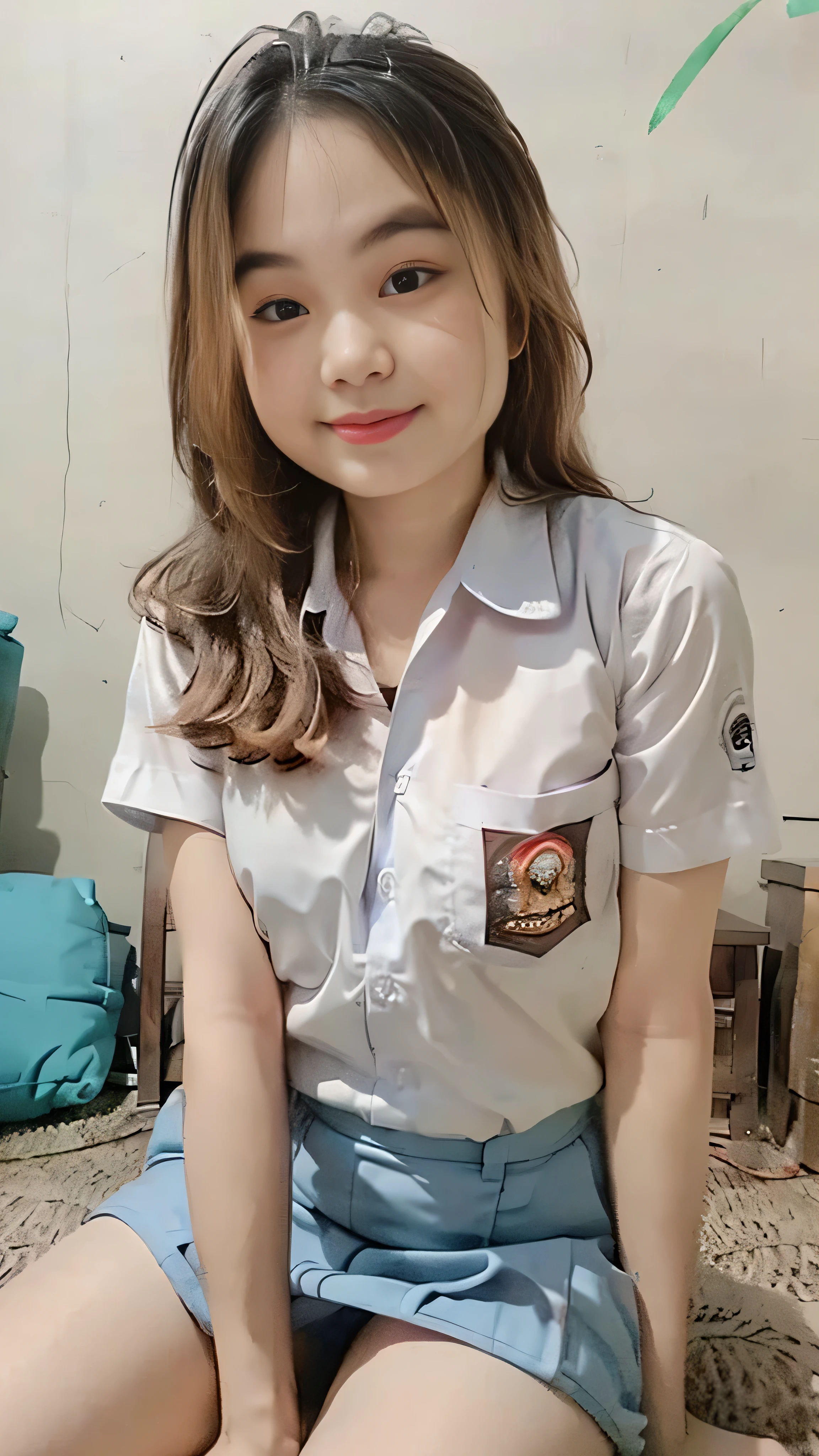 (8k, RAW photo, best quality, mastery:1.3), (realistic, photo-realistic:1.37), (looking viewer:1.331), posing Seductively, living room, soft light, 15 year old girl, short body, beautiful thighs, smaller chest, brunette hair, long hair, smile, white shirt, short sleeves, blue mini skirt