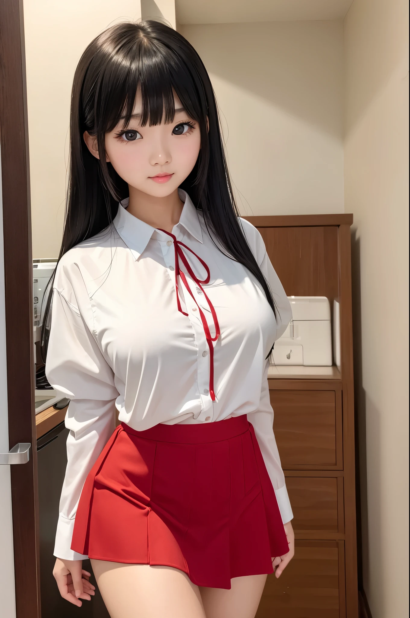 Detailed face、highlight、Asian Girl、thigh、breast enhancement、black髪、Heavy bangs、skirt、red、black、white