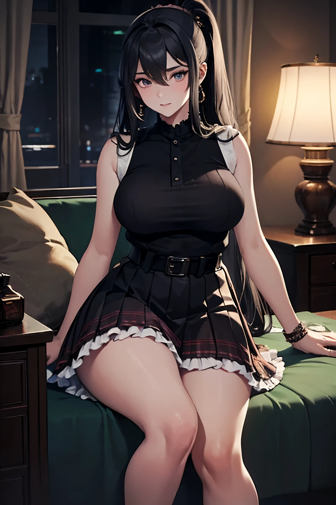 Full-bodied portrayal of a 20-year-old chubby wolfwoman, adorning a tempting pleated skirt and a sleeveless top, exuding an alluring charm. Her dark, captivating eyes and extended legs, framed by a long, lustrous black ponytail, are accentuated by a light and transparent veil filled with seduction. This stunning artwork, a maximalist masterpiece, has been meticulously crafted by the esteemed artgerm, showcasing an 8k anime style in an 8k high-resolution photo that is currently trending on ArtStation.