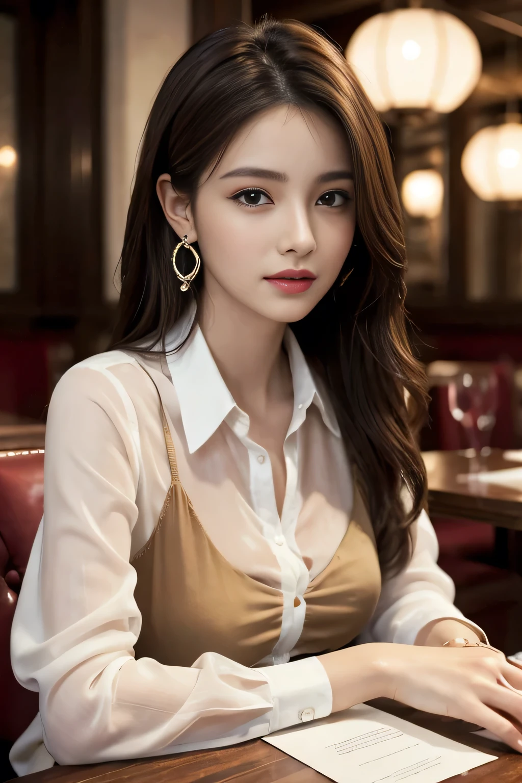 masterpiece, highest quality, Realistic, Very detailed, Finer details, High resolution, 8k wallpaper, One beautiful woman, Wear an elegant see-through shirt, In a great restaurant, At night, Light brown messy hair, Perfect dynamic composition, Beautiful and beautiful eyes、Big earrings、Sitting in a chair、