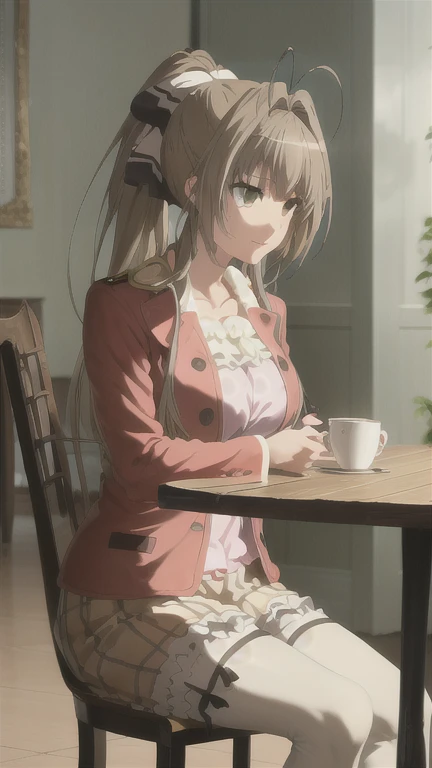 1girl, sento isuzu, isuzu-casual1, cafe, sitting, table, couple, happy,   (ultra high res,best quality), (8k, RAW photo, best quality, masterpiece:1.2), professional lighting, physically-based rendering, highres, absurdres,