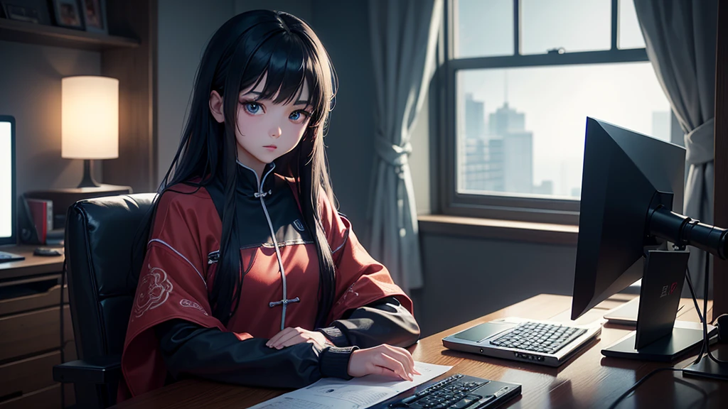 a old chinese girl, hacker expert in technology,beautiful detailed eyes,beautiful detailed lips,extremely detailed eyes and face,longeyelashes,sitting in her cozy and relaxing room,typical of a chinese teenager,looking at computer monitor,digital art,cinematic lighting,moody atmosphere,vibrant colors,intricate details,hyper realistic,photorealistic,highly detailed,award winning,8k,masterpiece