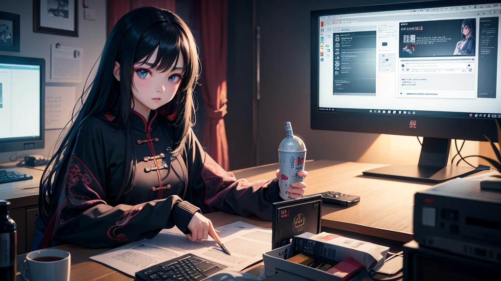 a 16 year old chinese girl, hacker expert in technology,beautiful detailed eyes,beautiful detailed lips,extremely detailed eyes and face,longeyelashes,sitting in her cozy and relaxing room,typical of a chinese ager,looking at computer monitor,digital art,cinematic lighting,moody atmosphere,vibrant colors,intricate details,hyper realistic,photorealistic,highly detailed,award winning,8k,masterpiece
